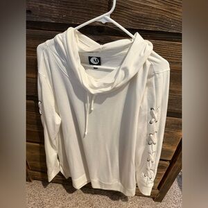 Elegant Cream Cowl Neck Hoodie with Lace-Up Detail